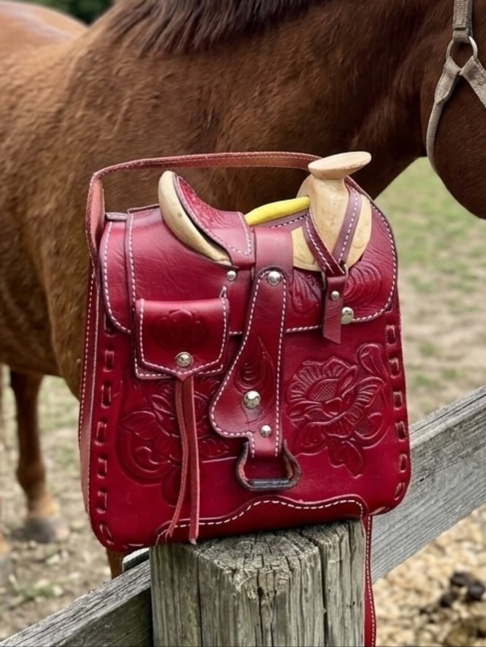 Hand-Tooled Red Leather Floral Crossbody Bag NWOT